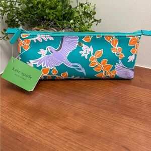 Kate Spade Teal Pencil Case with Orange and Purple Bird Design